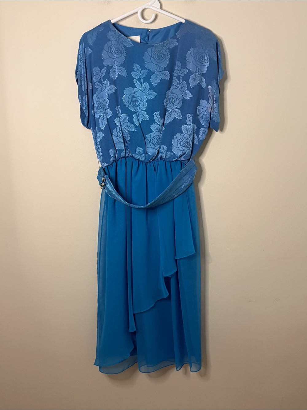 Vintage Blue Dress ZiZi Barbara Chodos, 70s 80s, size 8 Floral Whimsy belted
